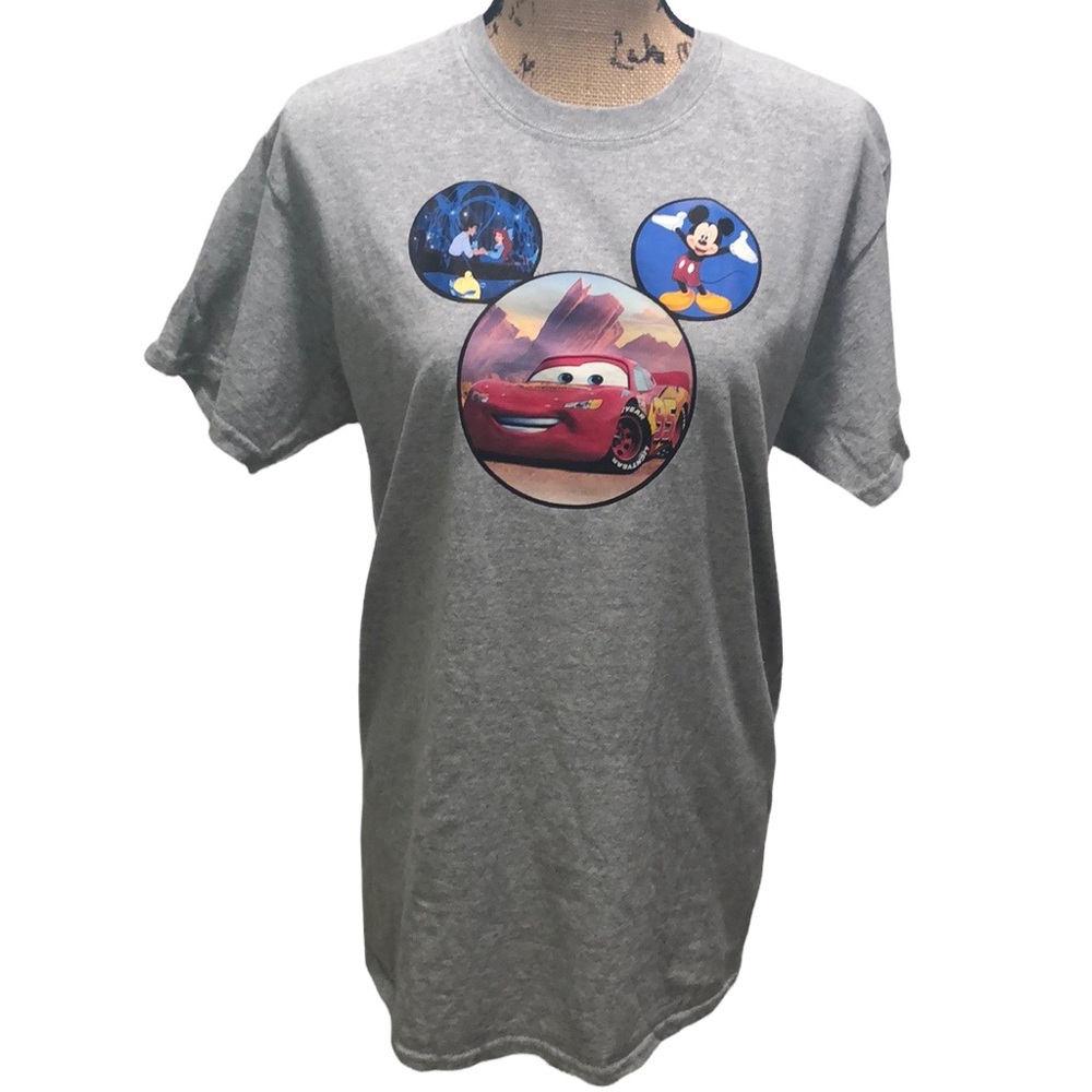 {Gildan} Gray Crewneck Disney Reference Tee Cars Little Mermaid Mickey Mouse